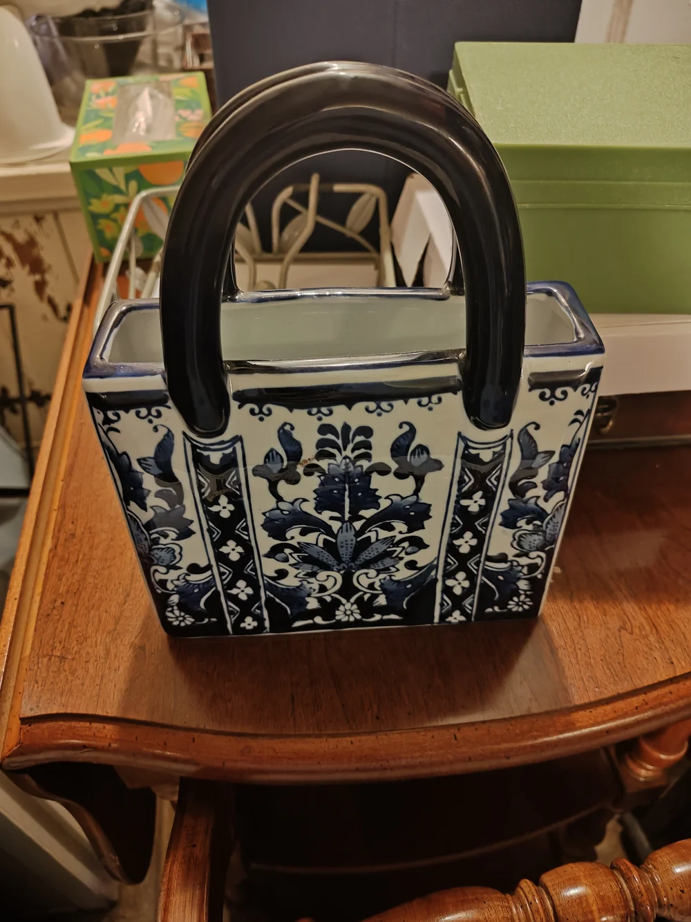 Blue and White Floral Ceramic Tote-Style Vase